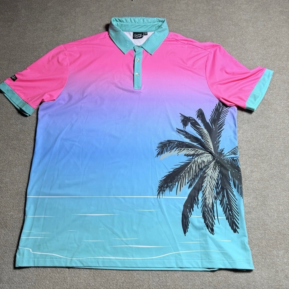 Sunday Swagger Mens 2XL Golf Polo Pink‎ Blue Ombre Palm Tree Performance Shirt
